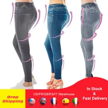 Women Slim Fashion Leggings Faux Denim Jeans Woman Fitness Pants Jeggings Leggings Pocket Printing Casual Pencil Pants Plus Size