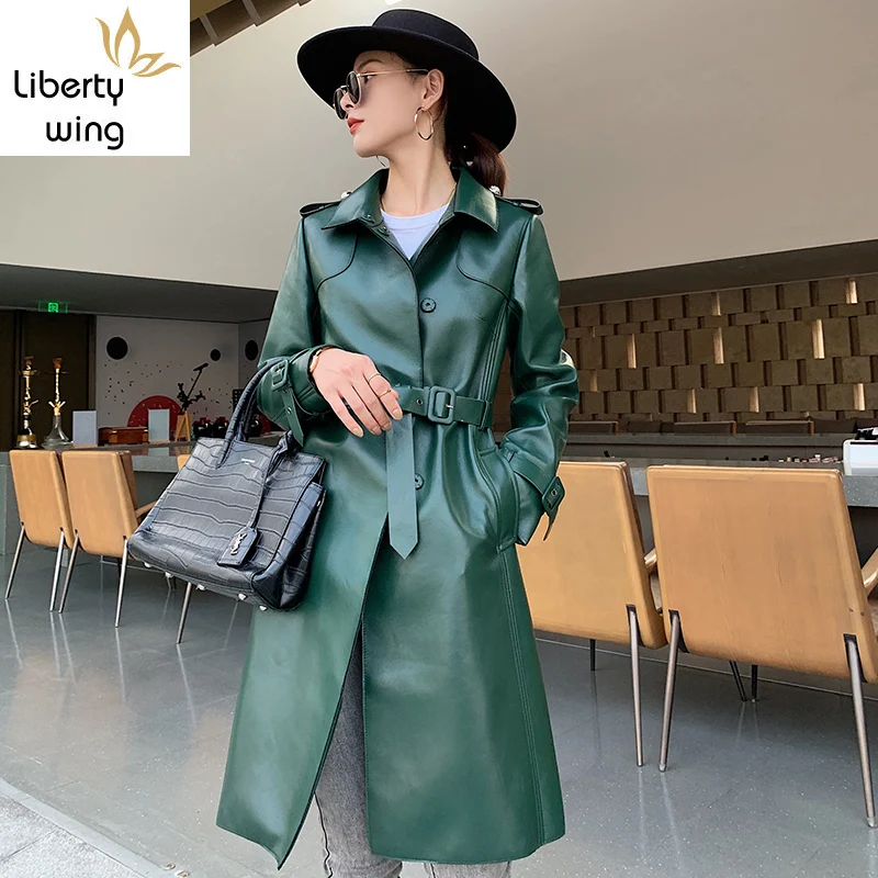 

Dark Green Womens Sheepskin Genuine Leather Jacket Street Style Classic Double Breasted Slim Fit Long Windbreaker Runway Coat