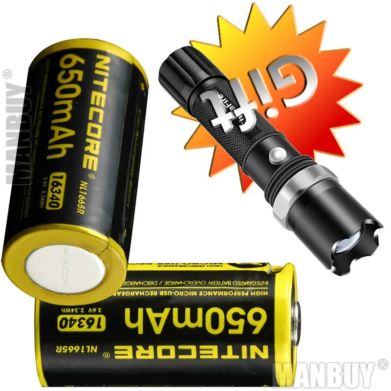 Nitecore NL1665R 2x штуки + подарок фонарик встроенный USB порт зарядки перезаряжаемая