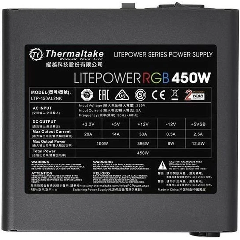 Блок питания Thermaltake ATX 450W Litepower RGB 450(24+4+4pin) APFC PPFC 120mm fan color LED 4xSATA