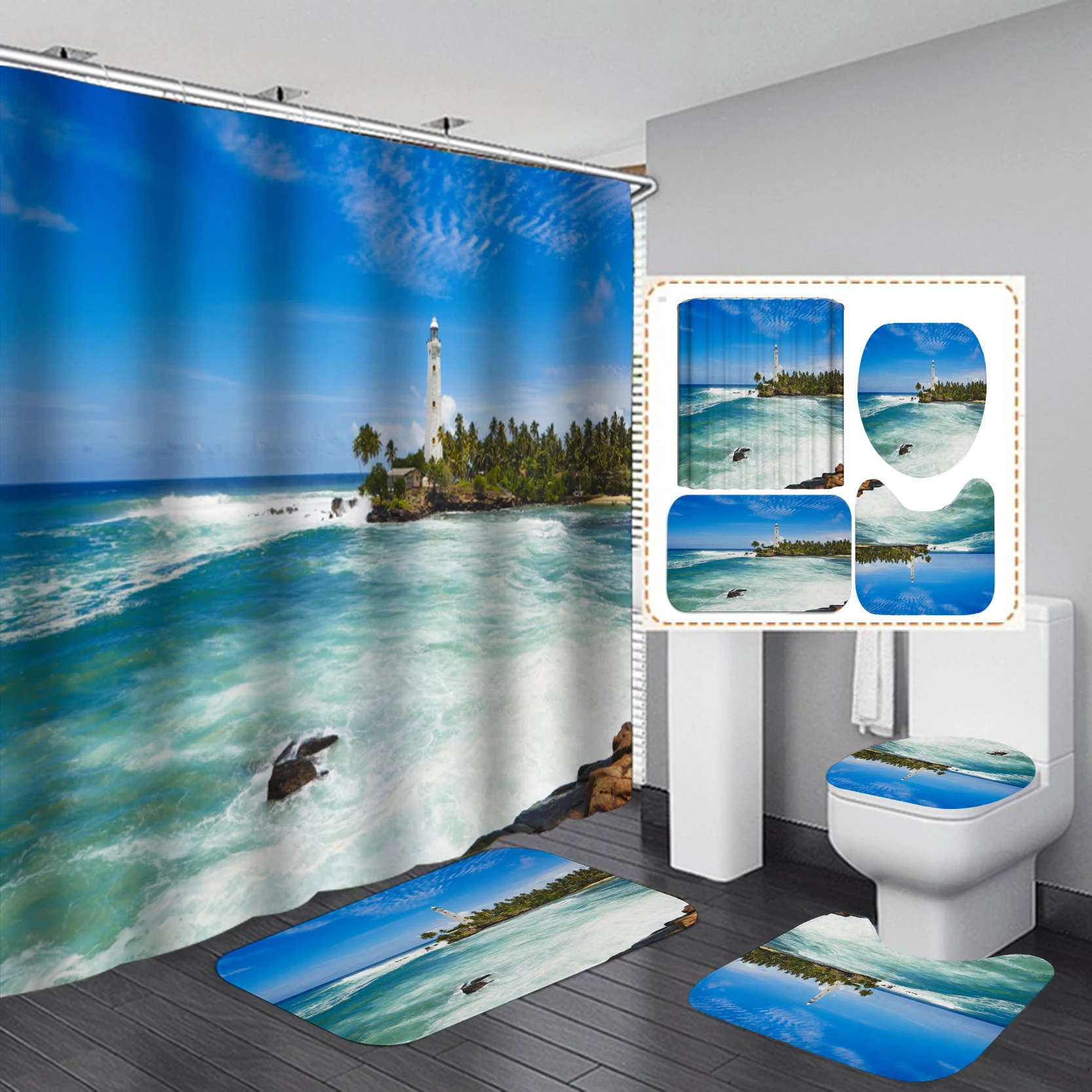Пляжный Пейзаж с печатным рисунком занавеска для душа пьедестал ковер крышка унитаза коврик для ванной набор ковриков шторы с крючками для ванной