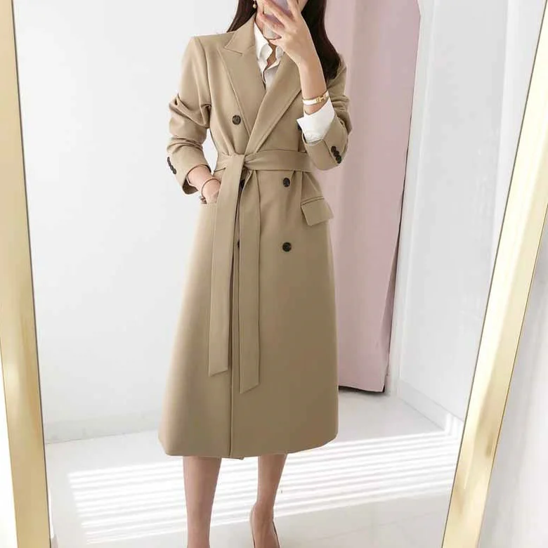 

2021 autumn new lace up SLIM KHAKI suit coat female Korean suit collar double row buckle fashion