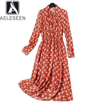

AELESEEN Runway Fashion Red Dress Women 2020 Spring Summer Long Sleeve Stars Print Bow Collar Elegant Party Holiday Dress