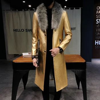 

Big Fur Collar Mens Faux Leather Trench Coats Men Overcoats Luxury Veste Homme Gold Long Coats Slim Fit Chaqueta Cuero Hombre