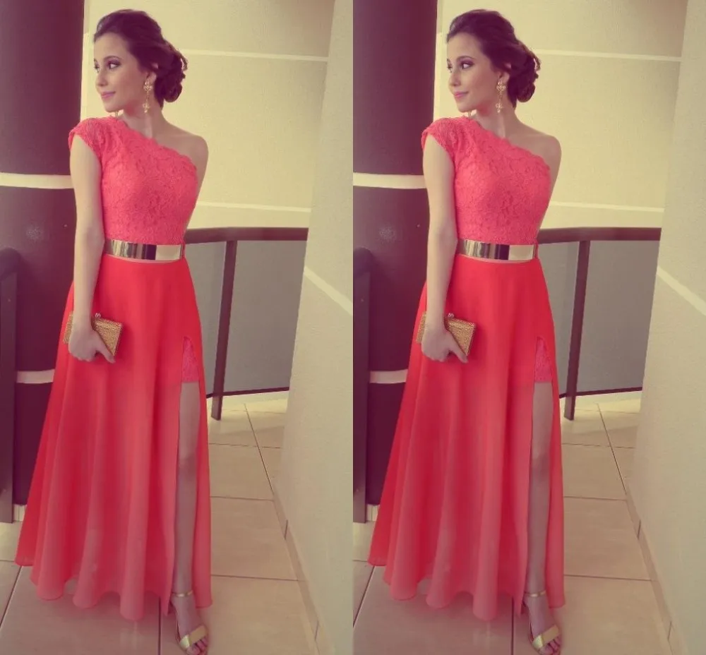 

Hot Selling 2015 Elegant One Shoulder Coral Lace Long Women Formal Evening Prom Dresses Charming Prom Gown