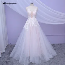 Детское розовое свадебное платье с v-образным вырезом, летнее богемное платье невесты с открытой спиной, иллюзионная Кружевная аппликация, свадебное платье из тюля, Robe De Mariee