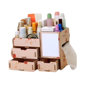 

Wooden Makeup Storage Box Cosmetic Organizer Case Handmade DIY Assembly Jewelry Makeup Storage Container With Mirror