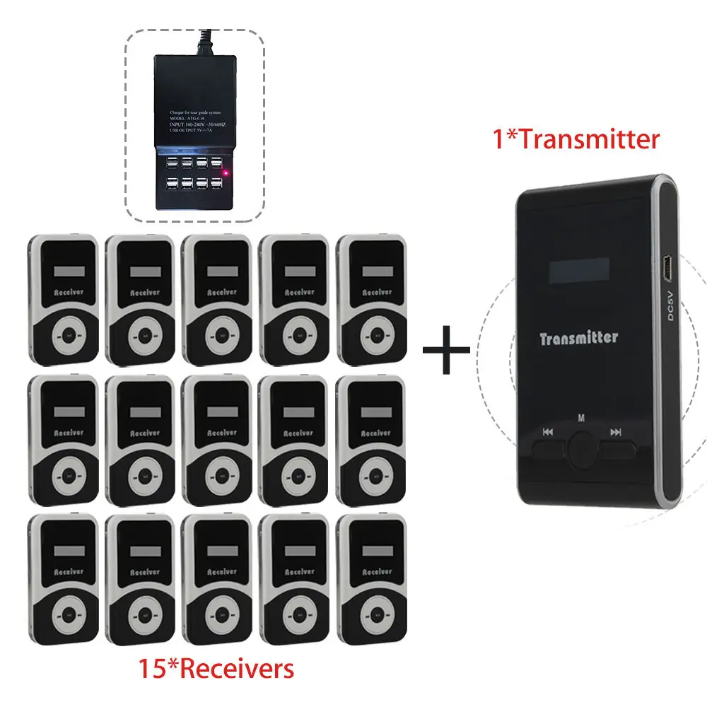 

Free Charger ATG100 Wireless Tour Guide System 1Transmitter+15 Receivers For Meeting Visiting Teaching 195-230MHz Portable