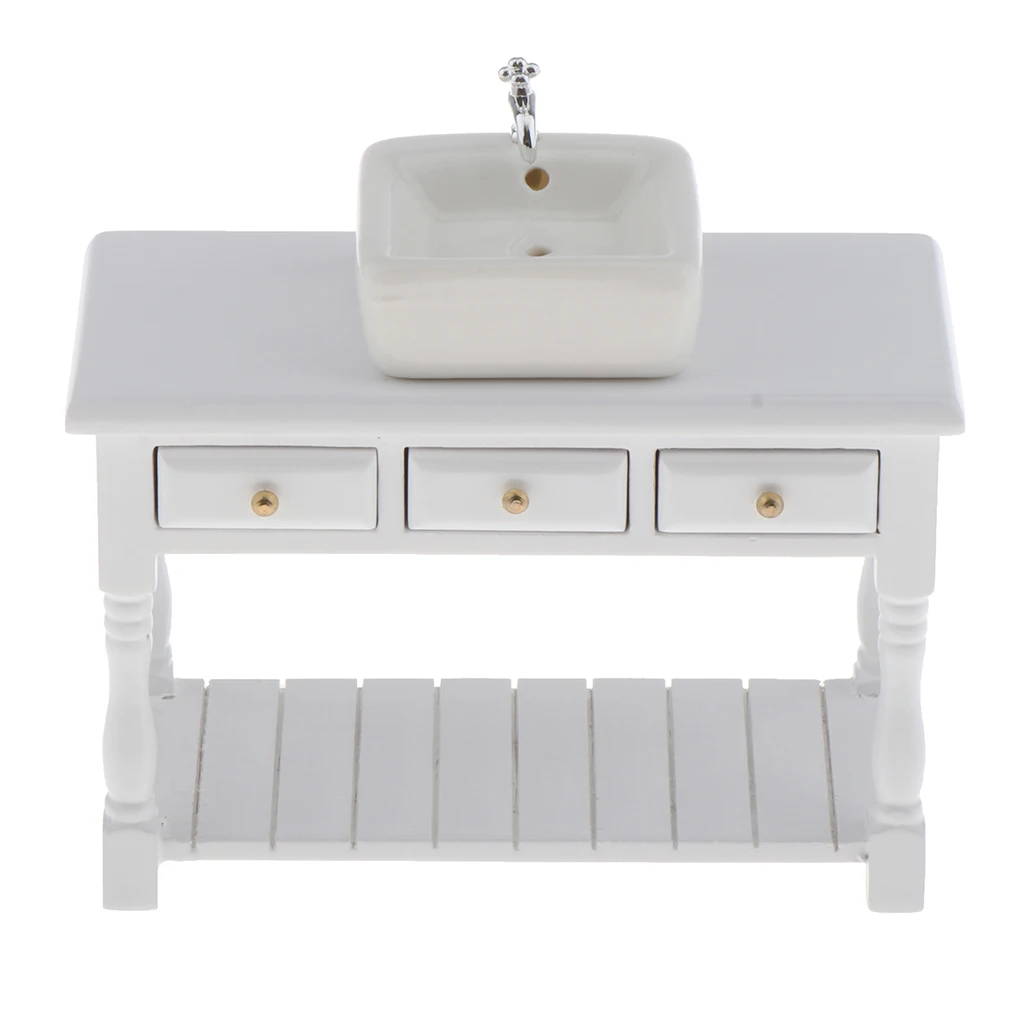 1:12 Mini Ceramic Wash Basin & Cabinet for Dollhouse Scenery Model Accessory
