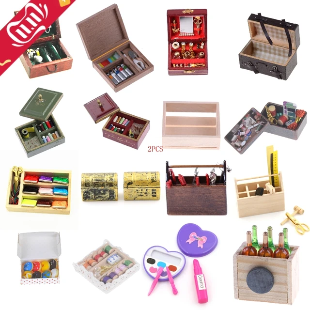 Kitchen Wooden Box/Doughnut/Paint/Medical/Needle/Jewelry/Suitcase/Toolbox/Wine/Makeup/Sewing Miniature DIY 1:12 Accessories 1