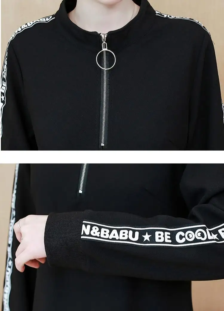 4XL 5XL Большие Размеры свободное черное Повседневное платье на молнии с буквенным принтом женское осеннее платье зимнее платье большого размера простое платье с длинными рукавами