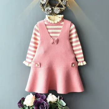 

Kid Fashion Baby Girl Dress Autumn Baby Girl Breathable Leisure Soft Striped Print Sweater Blouse+Strap Dress Casual Outfits Set