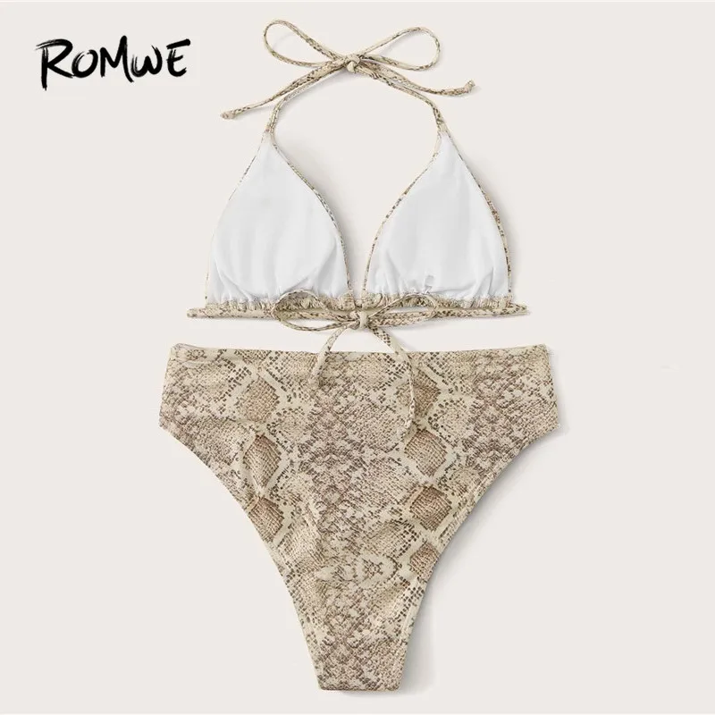 Romwe Sporty Snakeskin Halter Bikini Top With High Waist Bikini Set Women Beach Summer Bathing Suit Ladies Sexy Swimsuit