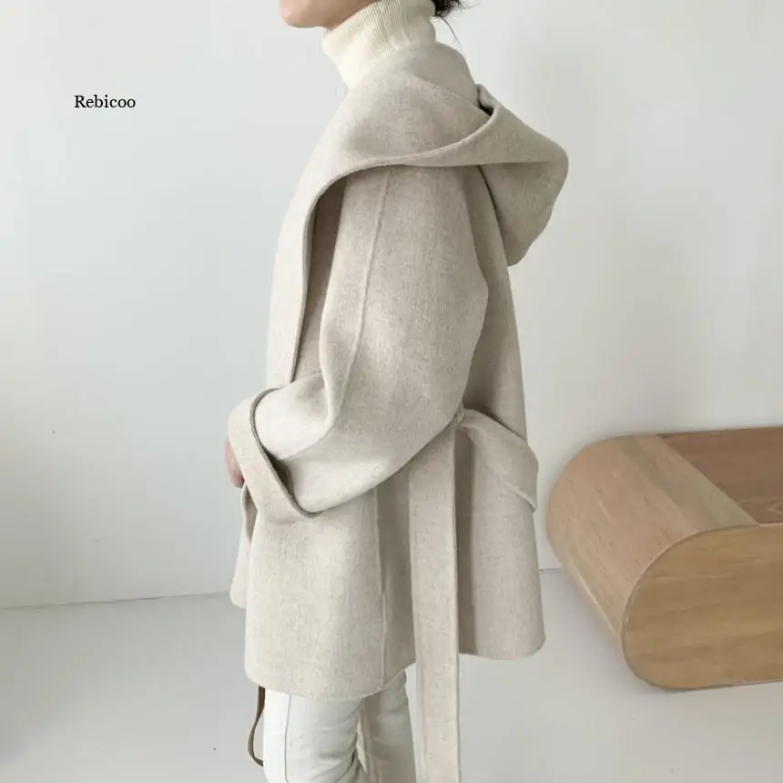 

Винтажные шикарные женские свободные пальто с капюшоном, зимние плотные теплые женские однотонные куртки из смеси со шнуровкой и длинным рукавом