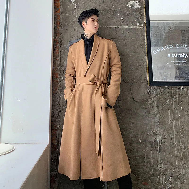 

Men Vintage Long Suede Windbreaker Coat Streetwear Hip Hop Punk Loose Casual Belt Trench Male Women Fashion Overcoat Jacket
