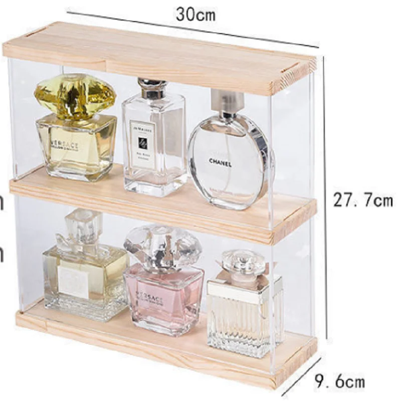Perfume Organizer Dustproof Transparent Cosmetic Skincare Display Stand Acrylic Solid Wood Dressing Table Desktop Storage Box 6