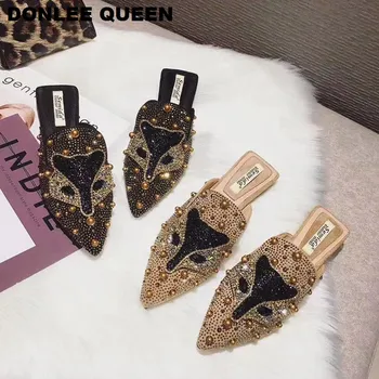 

Women Slippers Slides Flat Casual Shoes Women Slip On Mules Fox Pattern Bling Rhinestone Rivet Slipper Women Flip Flops Mujer 19