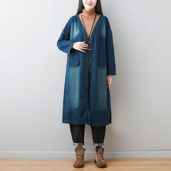 

Winter Fleece Denim Trench Vintage Thicken Loose Long cowboy Windbreaker Women Baggy V-neck Slingle Breasted Maxi jean Overcoat