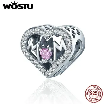 

WOSTU Authentic 100% 925 Sterling Silver Heart MOM Letter Clear CZ Charm Fit Charm Bracelet DIY Jewelry Mother Gift DXC395