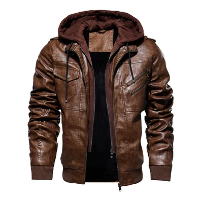 DIMUSI осень зима мужские кожаные куртки повседневная мужская мотоциклетная куртка из ПУ Байкерская кожаная ветровка с капюшоном пальто одежда - Цвет: Brown