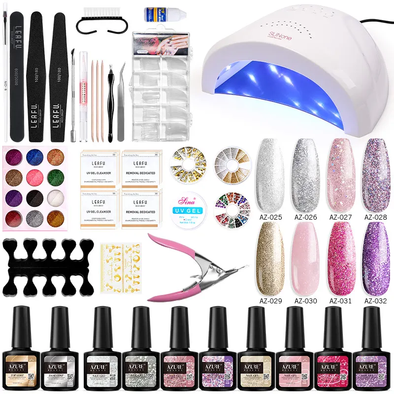 Azure beauty 35 шт./лот Светодиодная лампа Гель-лак для ногтей Набор Для лаков полный набор маникюрные инструменты для ногтей Блеск Гель-лак набор длительный УФ-гель