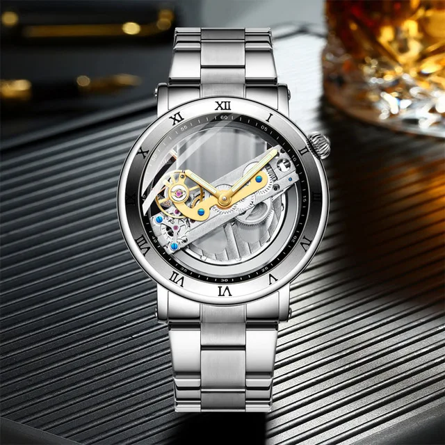 Роскошные часы Forsining мужские часы прозрачные турбийны механические часы сталь стимпанк креативные Автоматические наручные часы - Цвет: silver