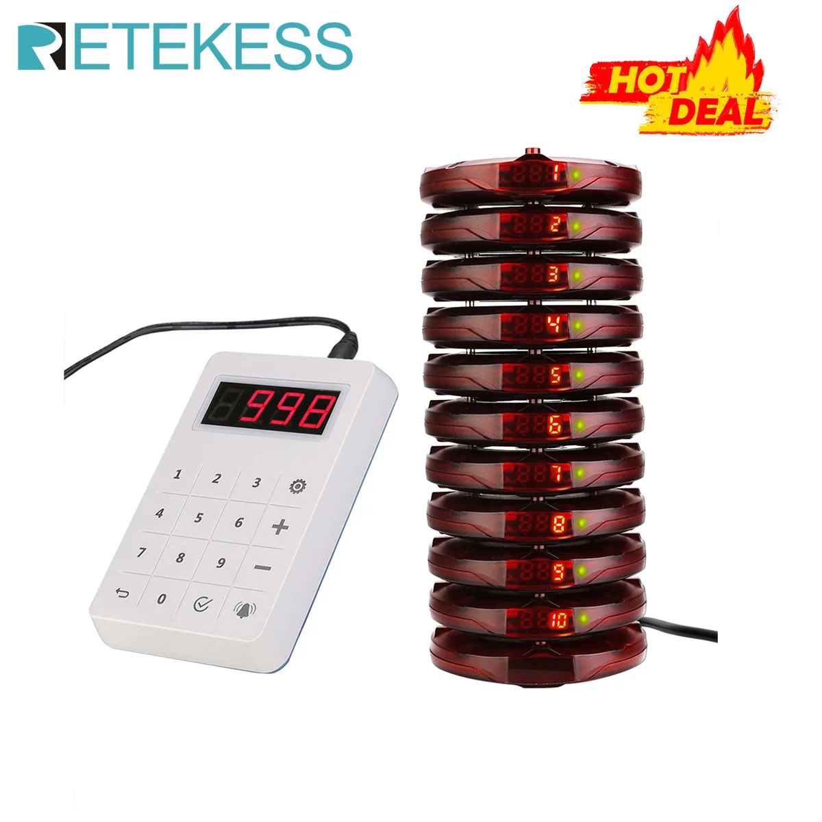 Retekess TD158 Restaurant Pager 10 Coaster Pager Waterproof Touch Keypad For Clinic Coffee Church Nursey Queue Buzzer System