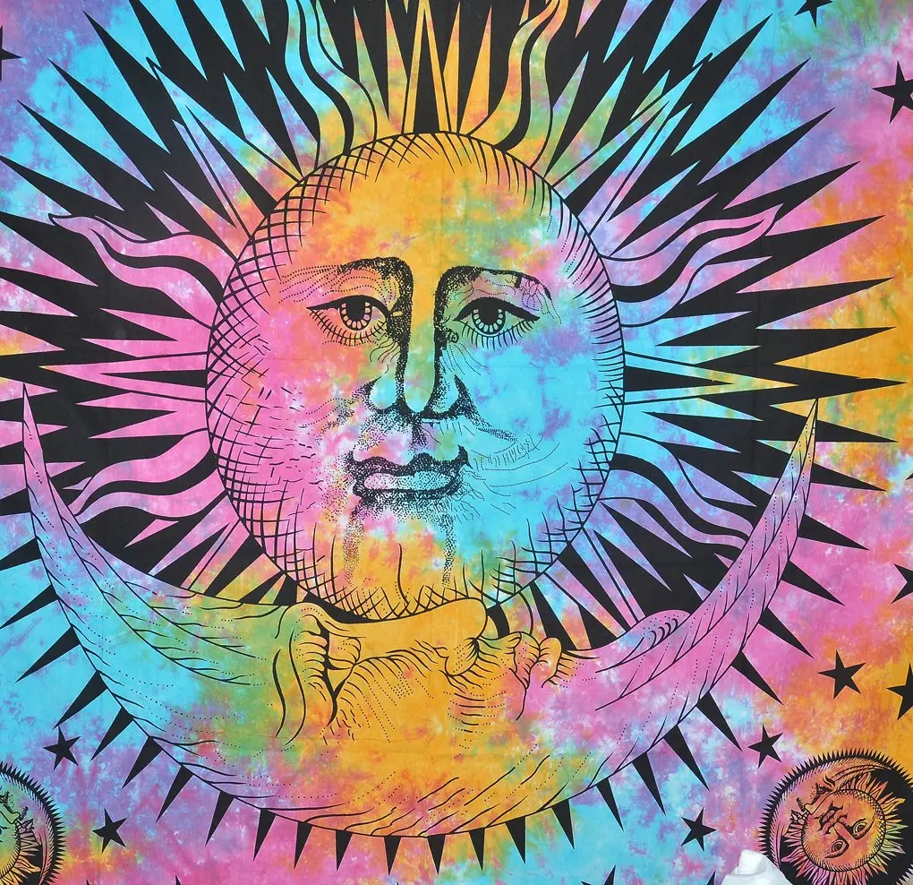 

Psychedelic Celestial Indian Burning Sun Moon Hippie Hippy Tapestry Wall Hanging