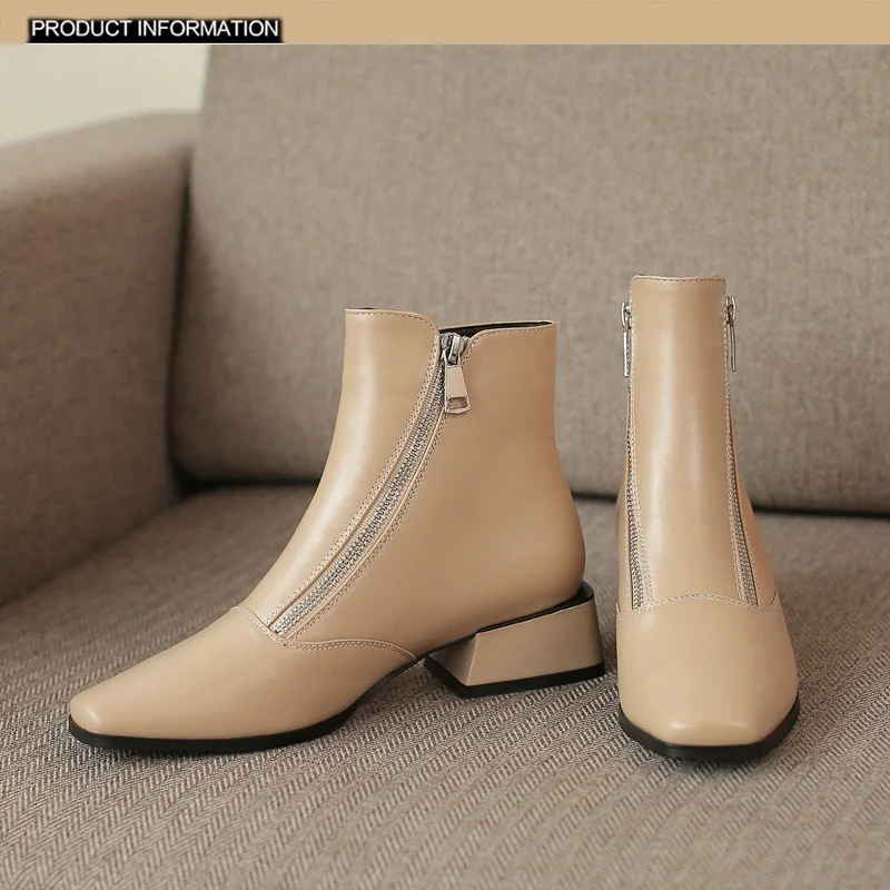 Individual design oblique zipper leather ankle boots fashion shoes woman high heels square toe autumn boots pumps booties mujer