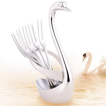 

Stainless Steel tableware Swan Dinnerware Set Fruit/Dessert cutlery Set for Swan Base Holder with 5 Forks Western Food Cutleries