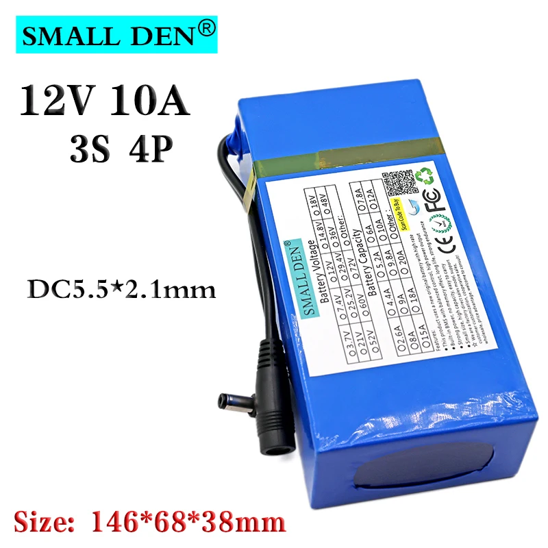 12V 10Ah 3S4P 18650 DC портативная перезаряжаемая литиевая батарея пакет 10A BMS 12 6 V уличный