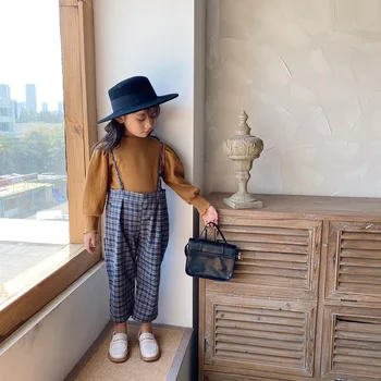 

2020 Baby Girls Long Puff Sleeve Solid Color Tops with Sling Lattice Overall Two Pieces Suit Toddler Children Fashion Casual Set