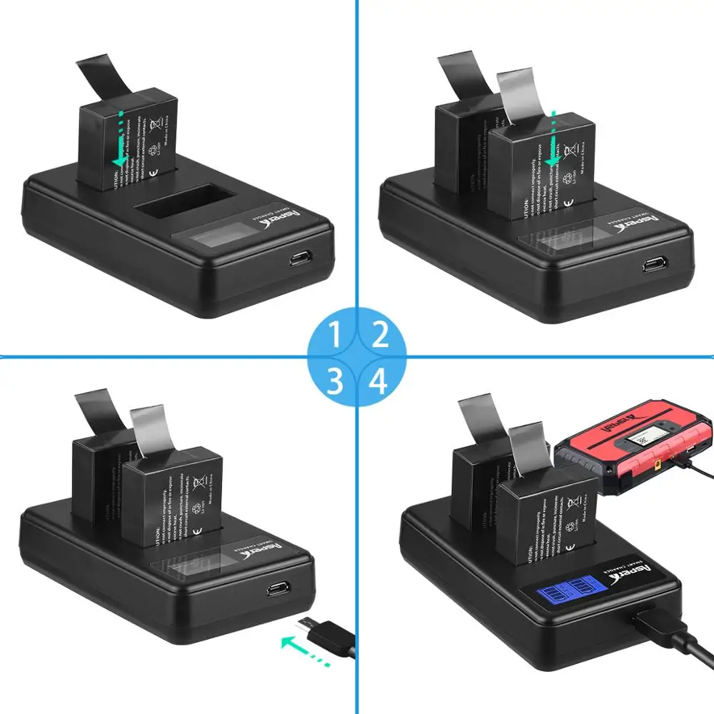 4 аккумулятора для экшн камеры + двойное зарядное устройство USB с ЖК дисплеем