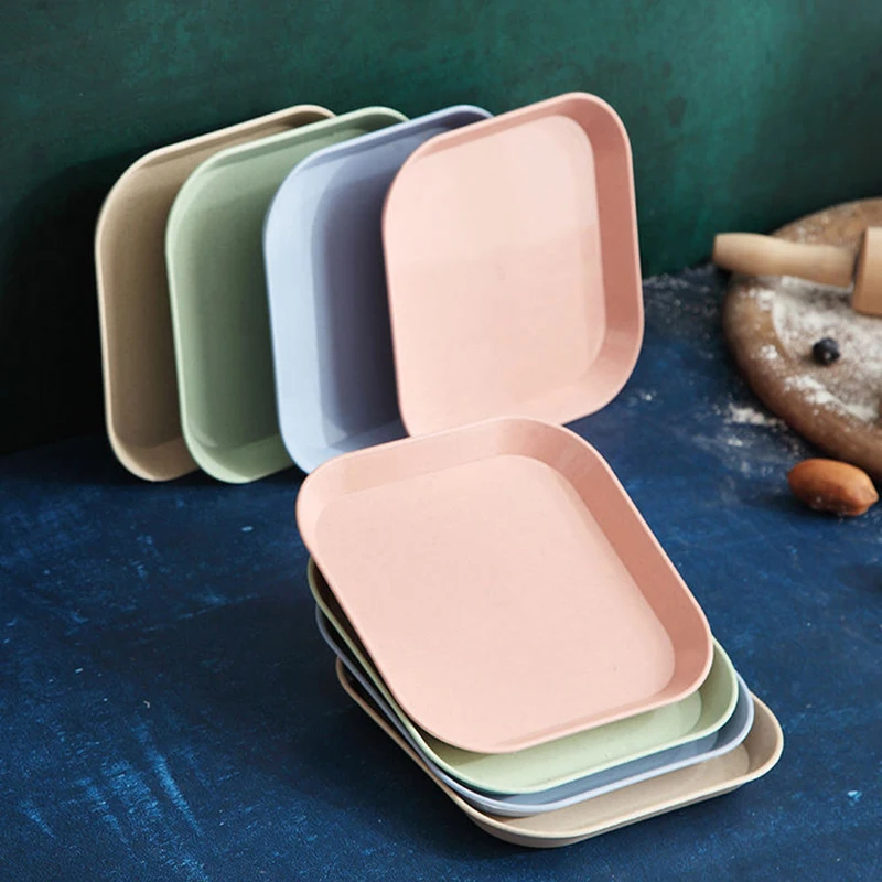 4Pcs/Set Dessert Plate Pure Natural Wheat Square Snack Straw Bowl Sauce Seasoning Dish Degradable EcO-friendly Tableware