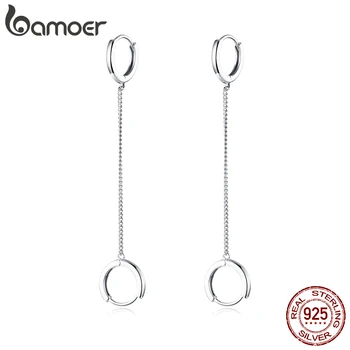 

bamoer Silver 925 Jewelry Double Circle Ear Hoops for Women 925 Sterling Silver Chain Unique Design Hip Hop Bijoux SCE829