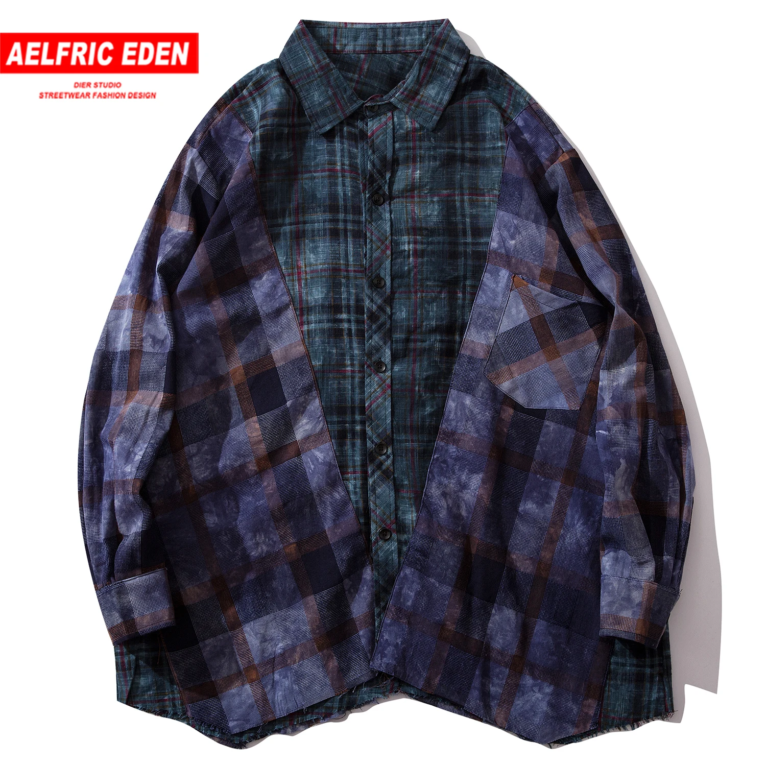 Aelfric Eden хип хоп Лоскутная клетчатая двойная Мужская рубашка 2019 Мода Harajuku топы уличная мужская повседневная Хлопковая мужская с длинным