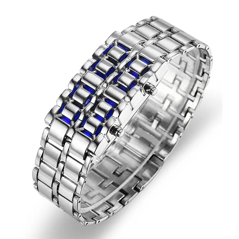 LED electronic watch alloy steel band men's electronic watch red and blue light display watch digital watch