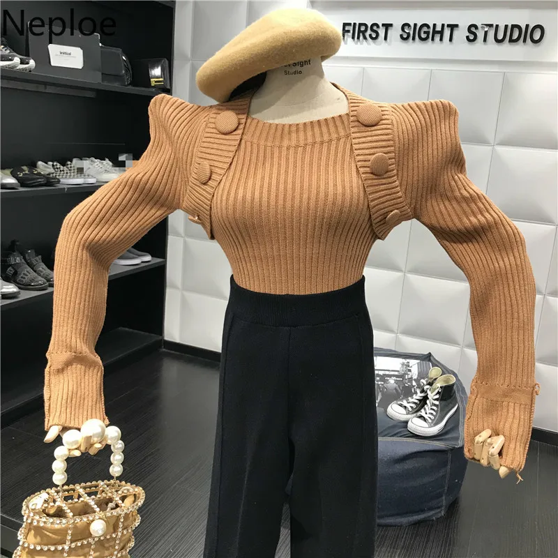 Neploe Slash шеи дизайн для женщин в стиле ретро Slim Fit нижние вязаный свитер с длинными рукавами и мини полоска, в виде пуговиц пуловеры осень-зима Pull Femme