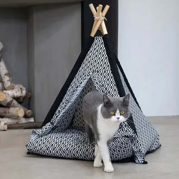 

New Canvas Pet House Soft Pet Tent For Dogs Puppy Cat Bed Teepee Nest Cat Shed Dog Tent Kennel With Cushion Cute Pet Supplies