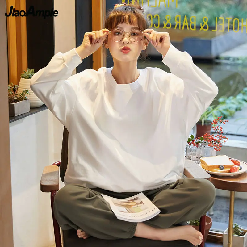 Women's Long-sleeved Trousers Pajamas Suit Autumn O-Neck Sleepwear Loose Pijamas Set 2021 New Simple Home Clothes Two-piece Set