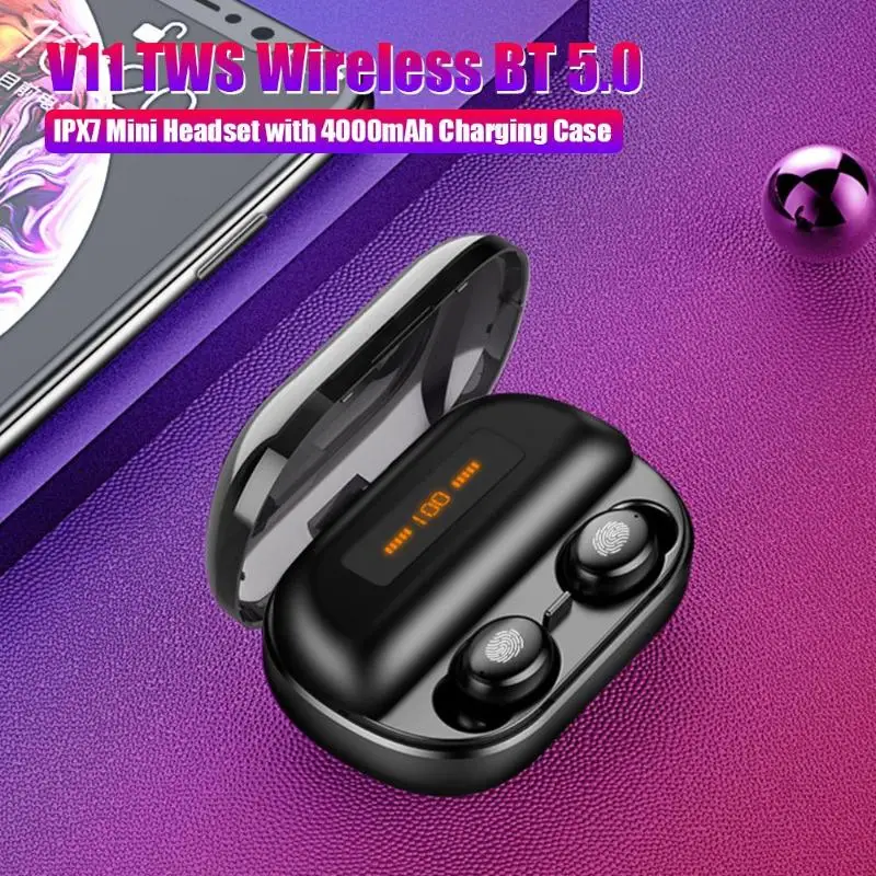 V11 TWS Беспроводная Bluetooth 5,0 IPX7 мини гарнитура с 4000 мАч зарядный чехол