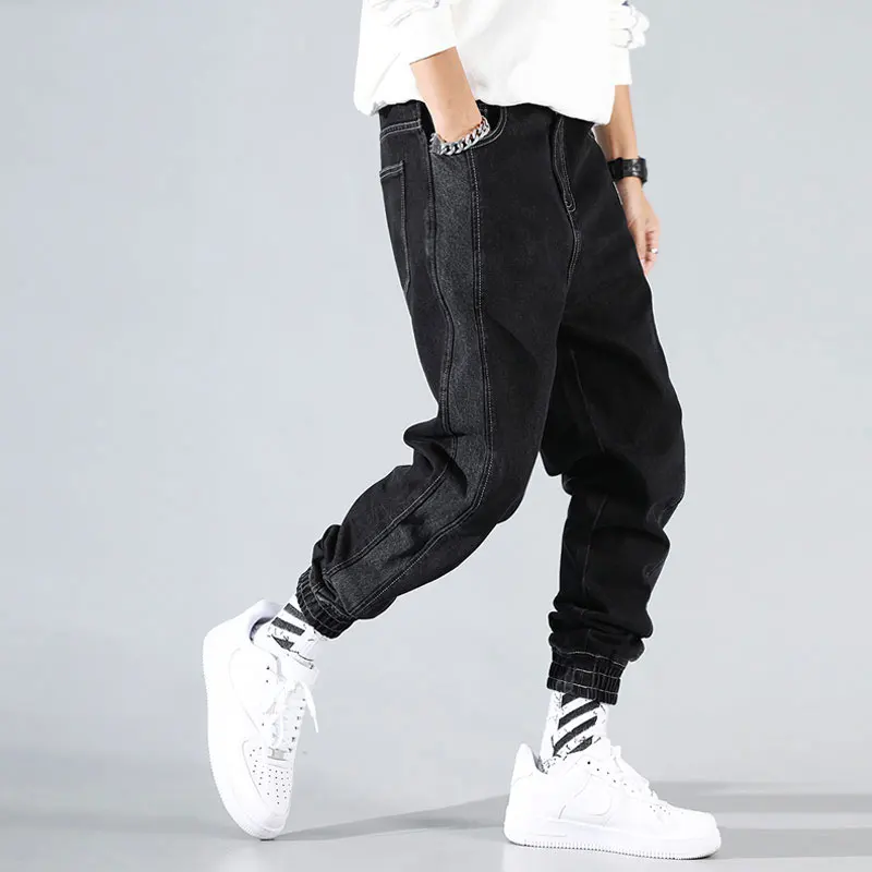 Promotion Japanese Fashion Men Jeans Black Loose Fit Stripe Spliced Designer Cargo Pants Harem Jeans Streetwear Hip Hop Jeans Men Joggers