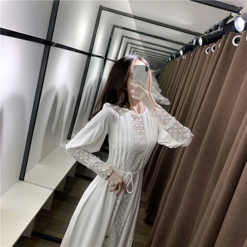 

2020 New Spring Women Dress Patchwork Chiffon Loose Lace Casual Hollow Out Puff Sleeve Elegant Fashion Dresses Folds Long Sleeve