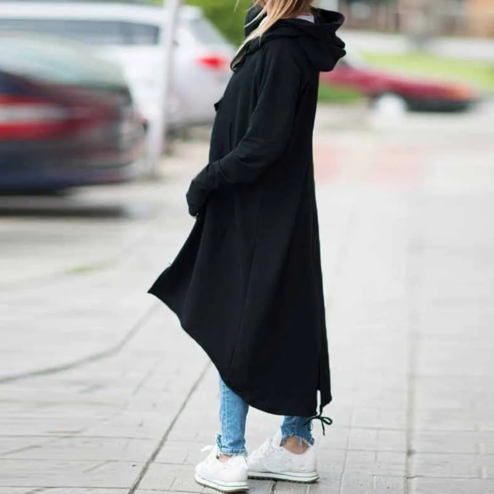 Негабаритная черная длинная верхняя одежда с длинными рукавами, на молнии, Свободное пальто с капюшоном, теплая повседневная одежда, Тренч, зима