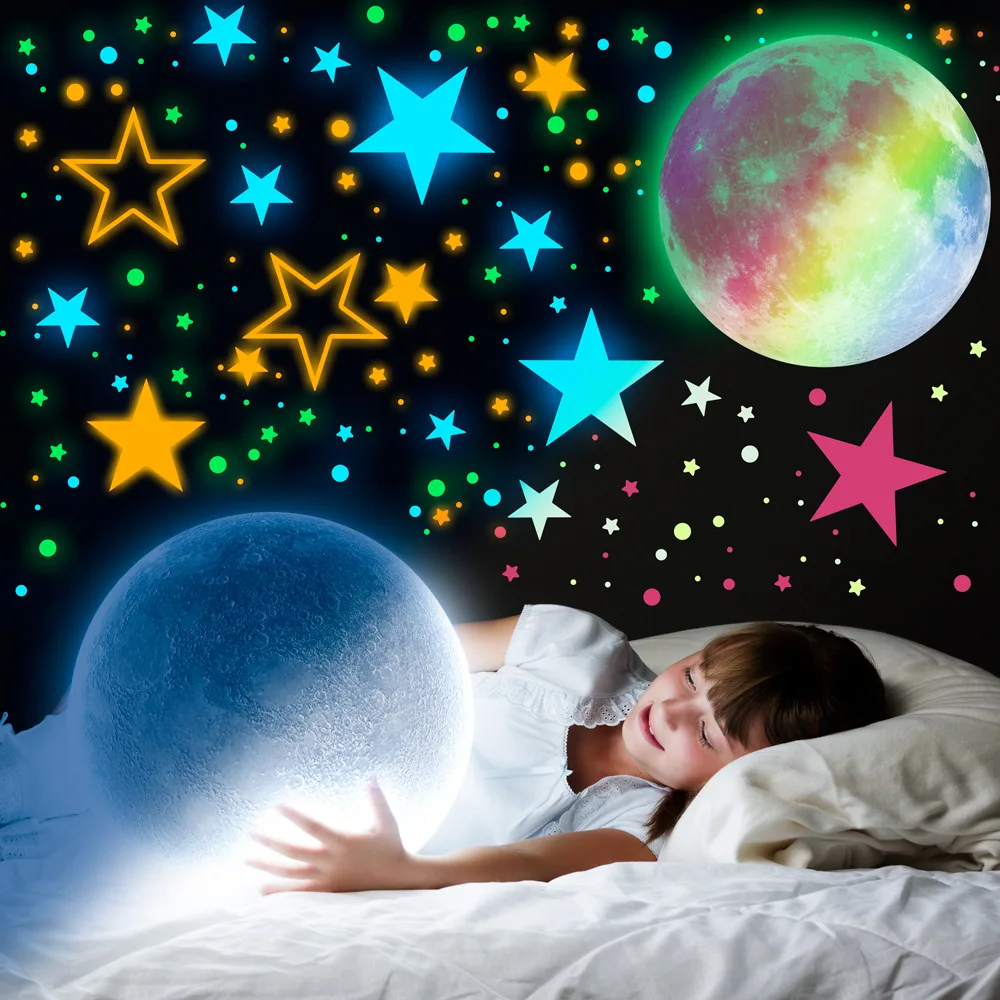 Pegatinas de pared luminosas para habitación de niños, pegatinas de Luna,  estrellas, rosa, verde, azul, para