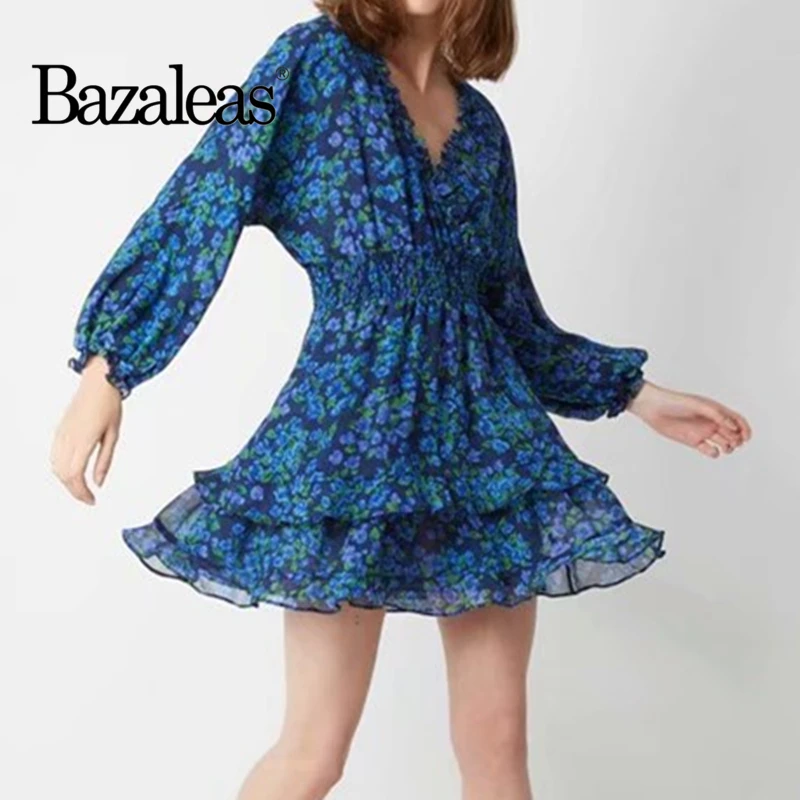 Bazaleas с оборками, синее Цветочное платье, винтажное женское платье с открытой спиной, осенние платья, модное женское платье с длинным рукавом