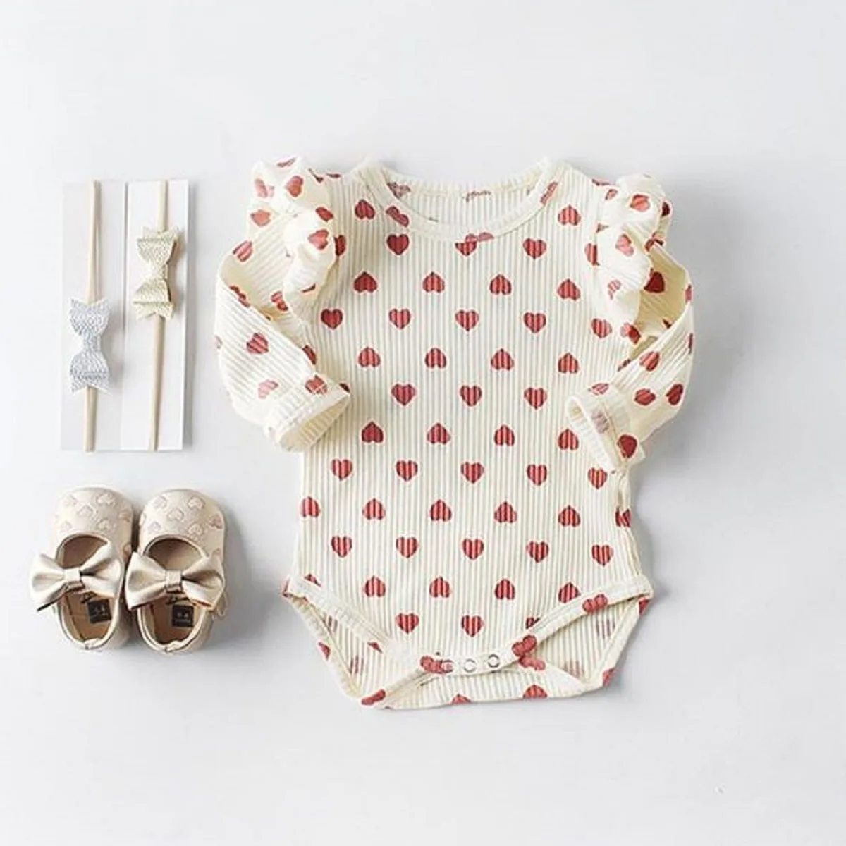 Pudcoco/весенне-осенняя одежда для новорожденных; одежда в рубчик для маленьких девочек и мальчиков; комбинезон с оборками и сердечками; боди с длинными рукавами