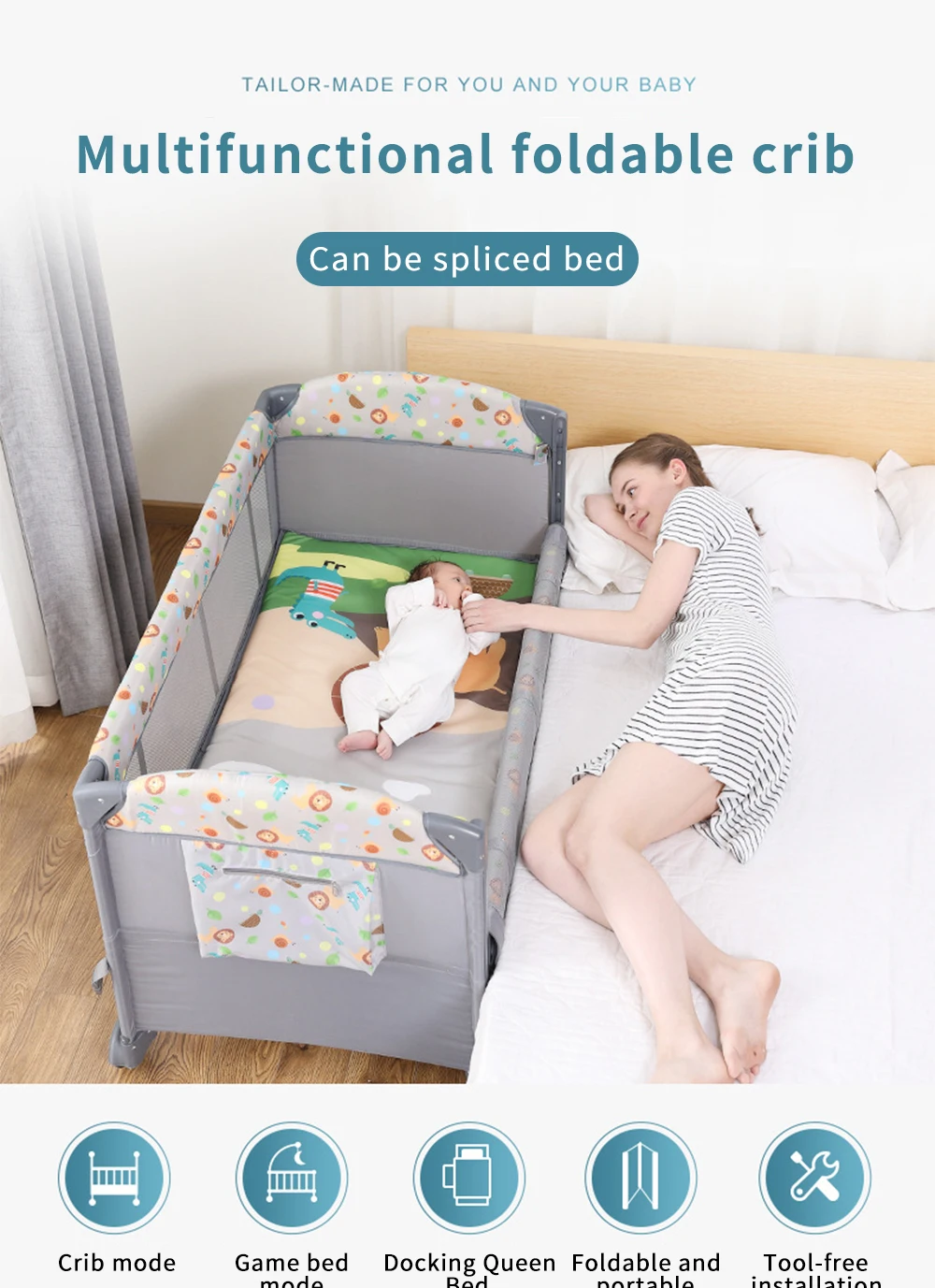 Cobabies Мультифункциональный детская кроватка сетки для игры колесо кровать кроватки