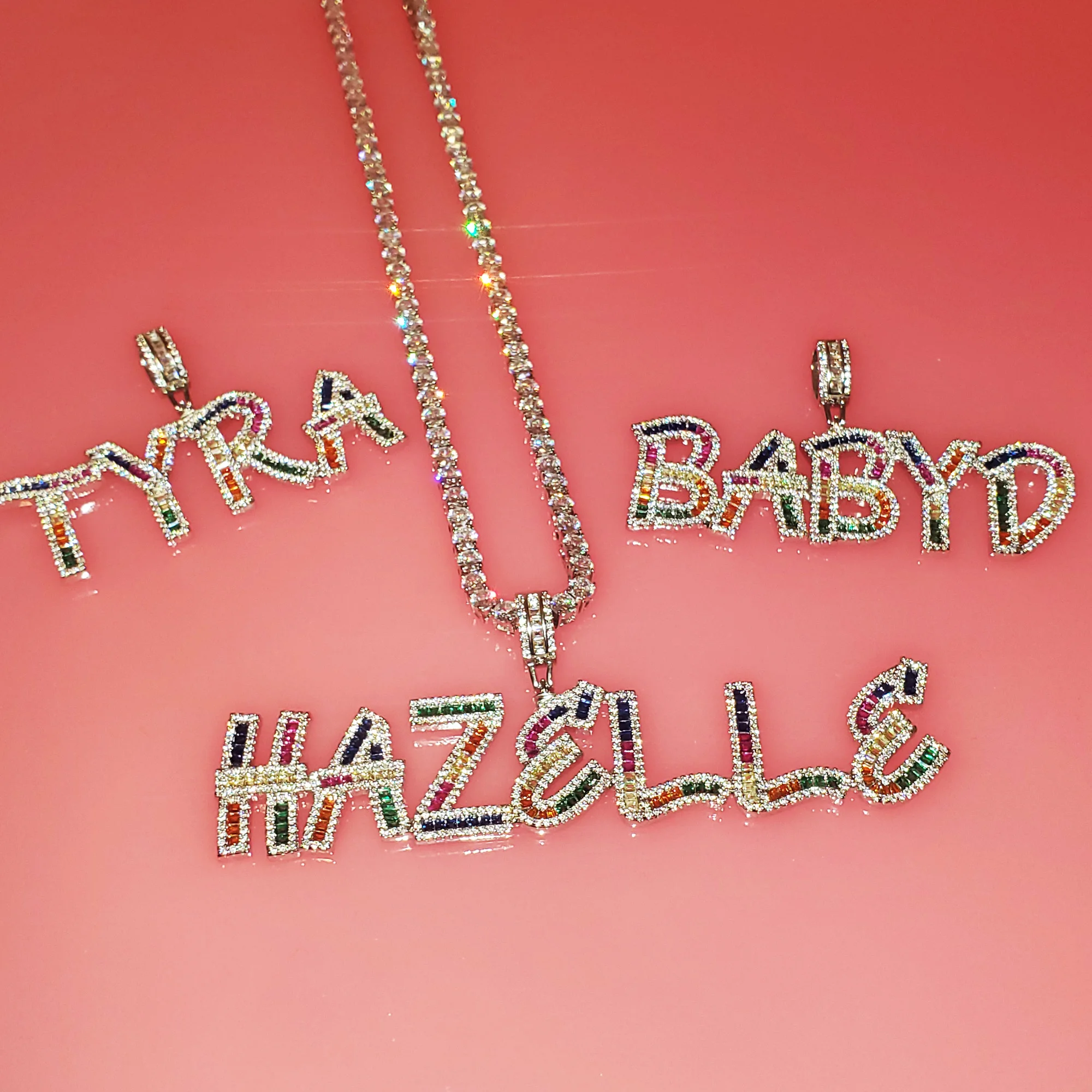 Custom Name Colorful Icy Letters Pendants Necklaces Women's Nameplate With Tennis Chain Personalized Birthday Gifts for Her