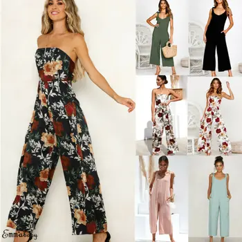 

Plus Size Bohemian Womens Floral Holiday Long Playsuits Floral Print Long Length Loose Dress Trouser Jumpsuit 6-20
